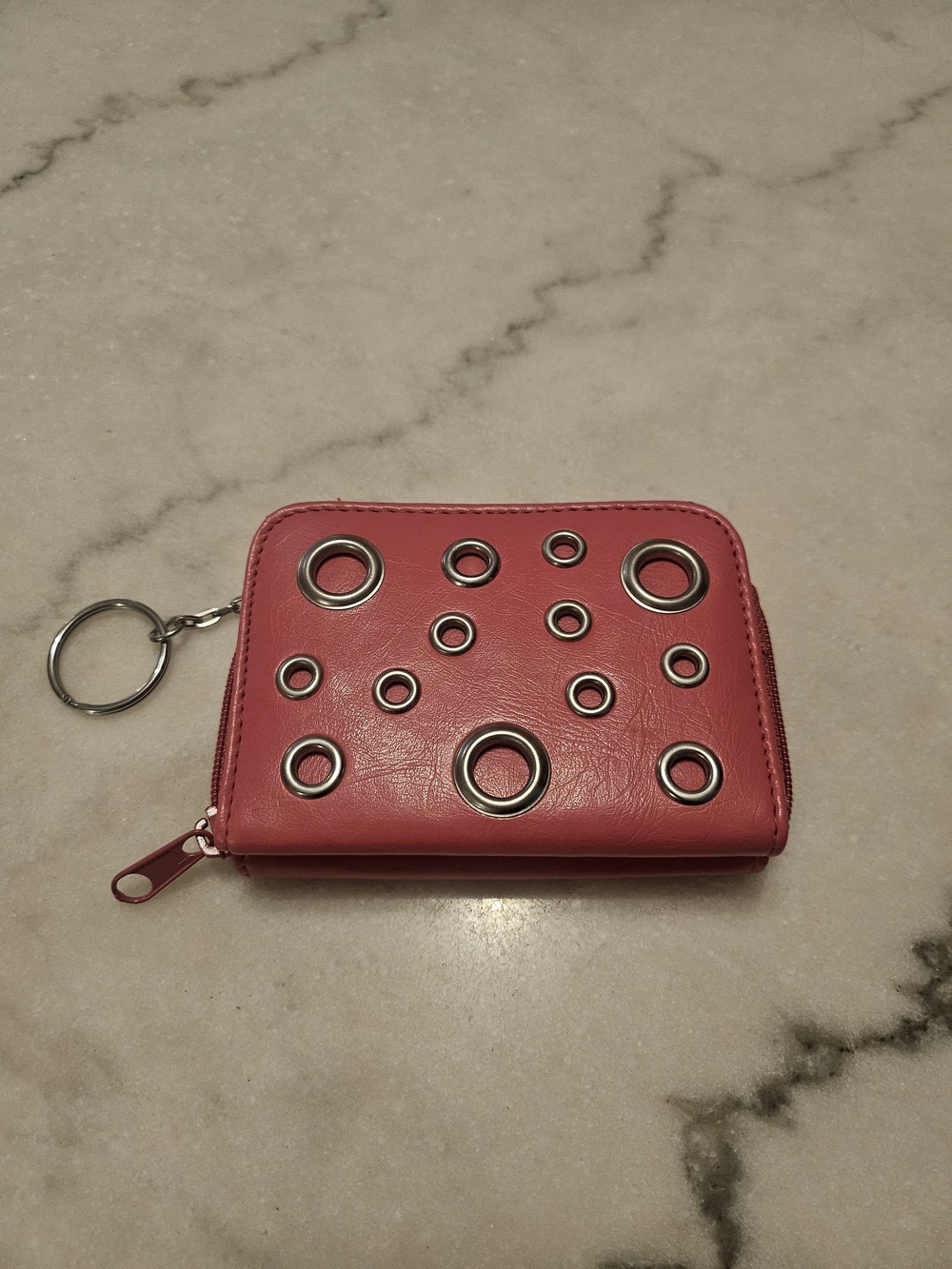 Y2K Grommet Accent Zip Wallet Keyring - Coral Pink
